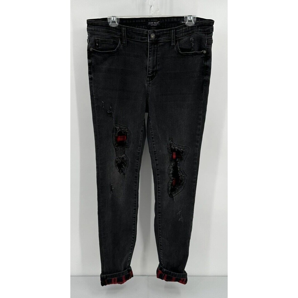 JUDY BLUE SKINNY FIT DISTRESSED BUFFALO PLAID BLACK‎ JEANS Women's Size 13 / 31